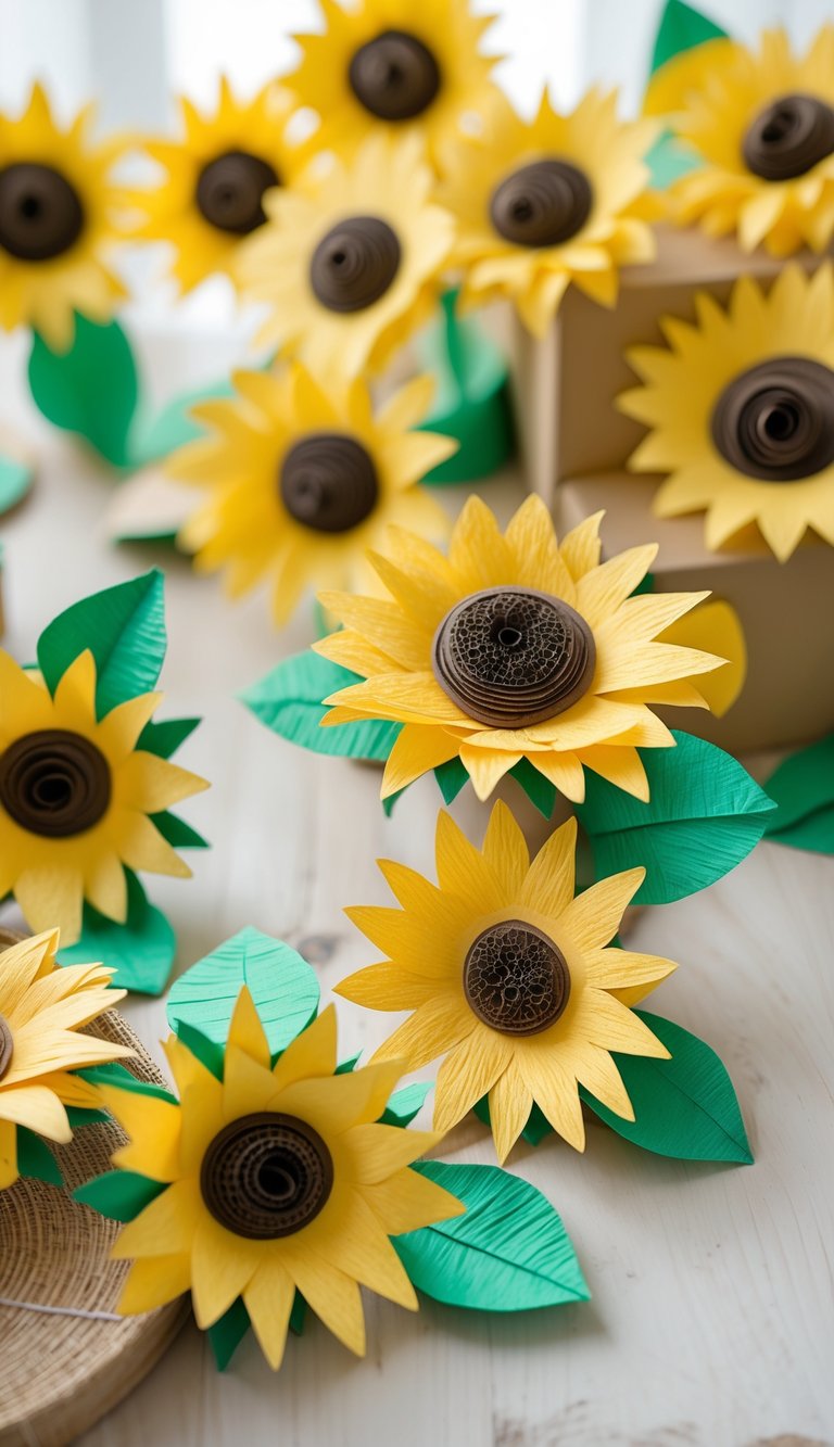 A close-up of several handcrafted sunflower paper flowers made from yellow crepe paper arranged on a wooden surface.