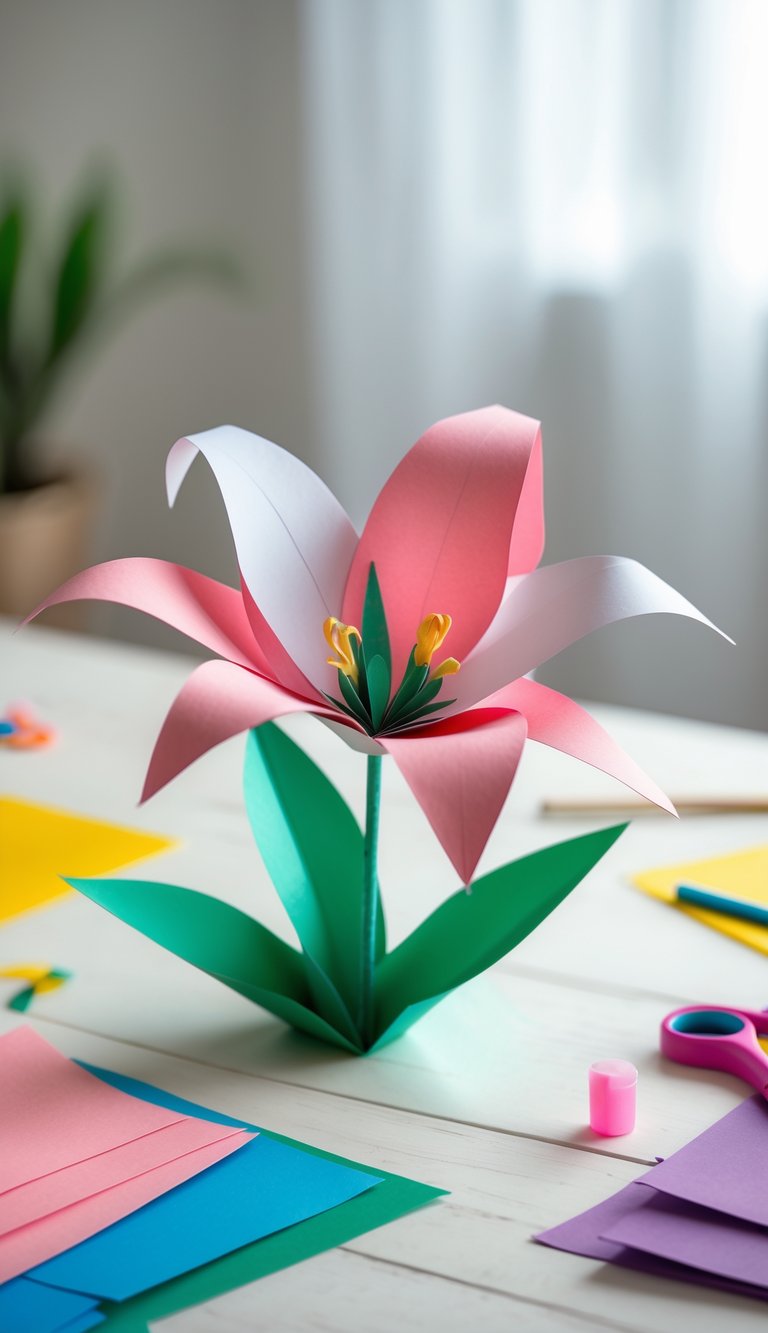 A handmade paper lily flower with folded petals sits on a wooden surface surrounded by crafting supplies.