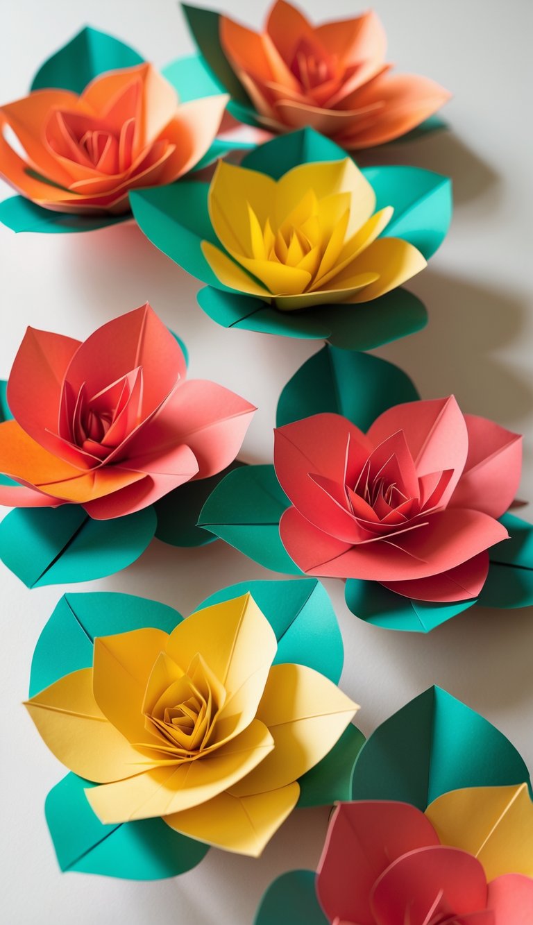 Close-up view of layered paper heliconia flowers in bright red, orange, and yellow colors with green leaves arranged on a neutral background.