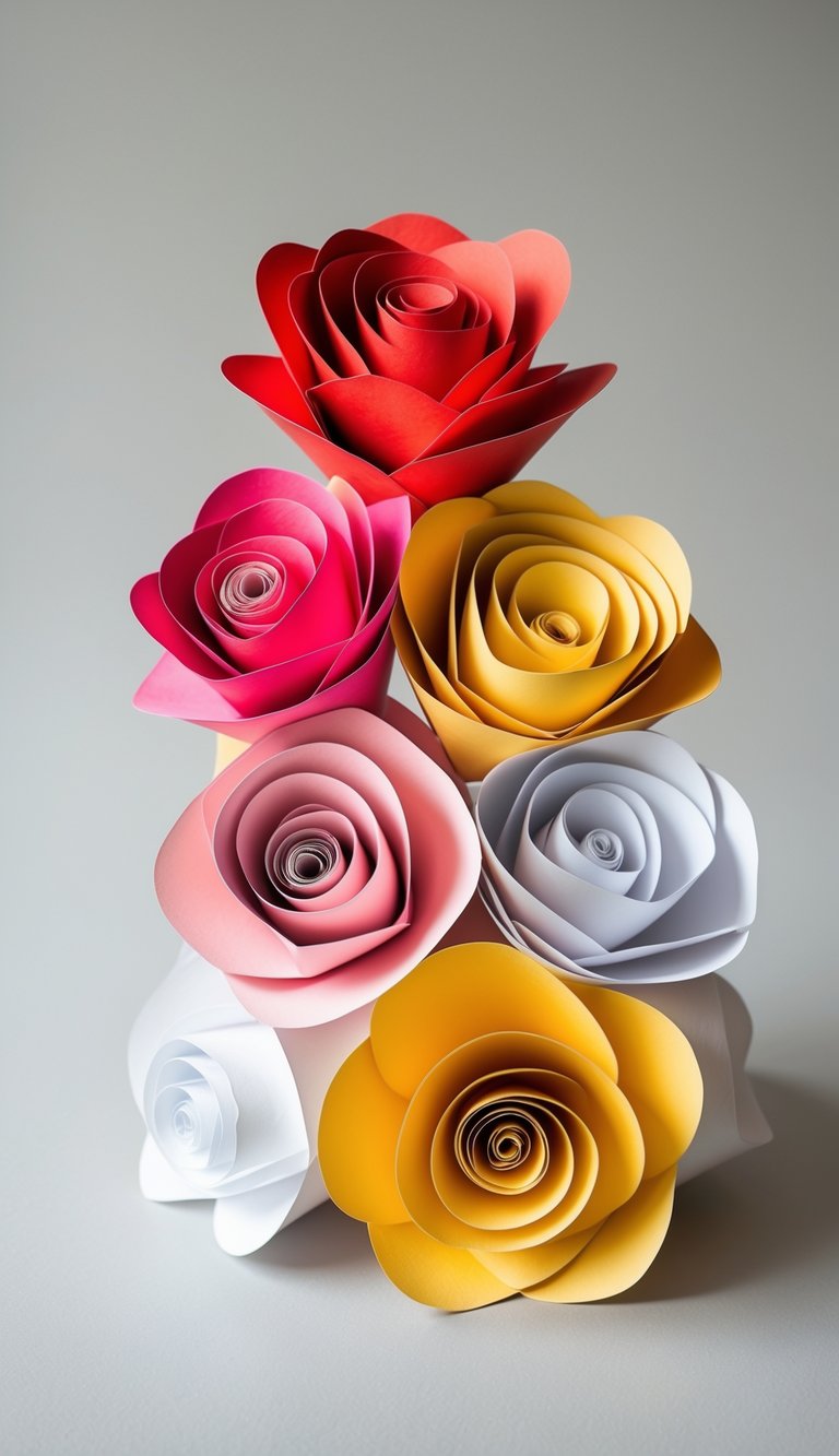 A collection of colorful stacked paper roses made from cardstock arranged on a plain background.