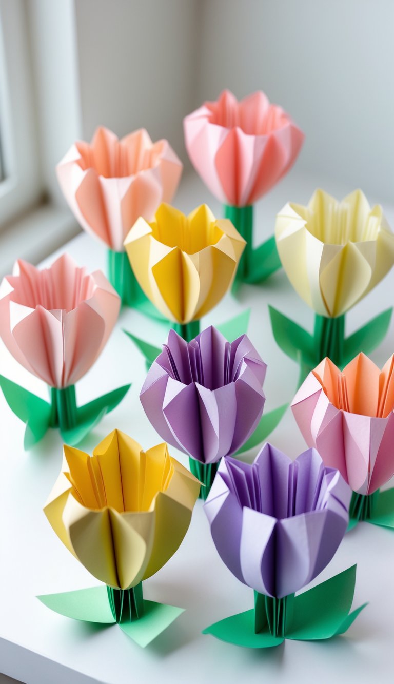 A group of colorful accordion-folded paper tulip flowers arranged on a white surface.