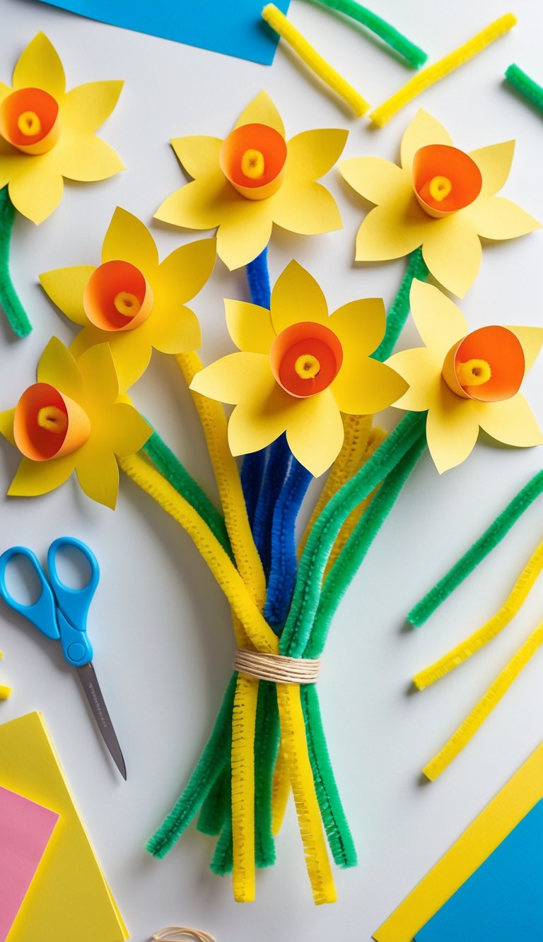 A collection of handmade paper daffodils with pipe cleaner stems arranged on a white surface alongside crafting supplies.