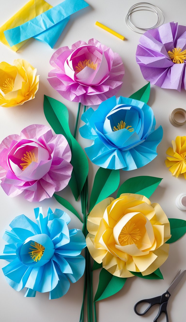 A collection of colorful 3D paper peonies made from tissue paper arranged with crafting supplies on a clean surface.