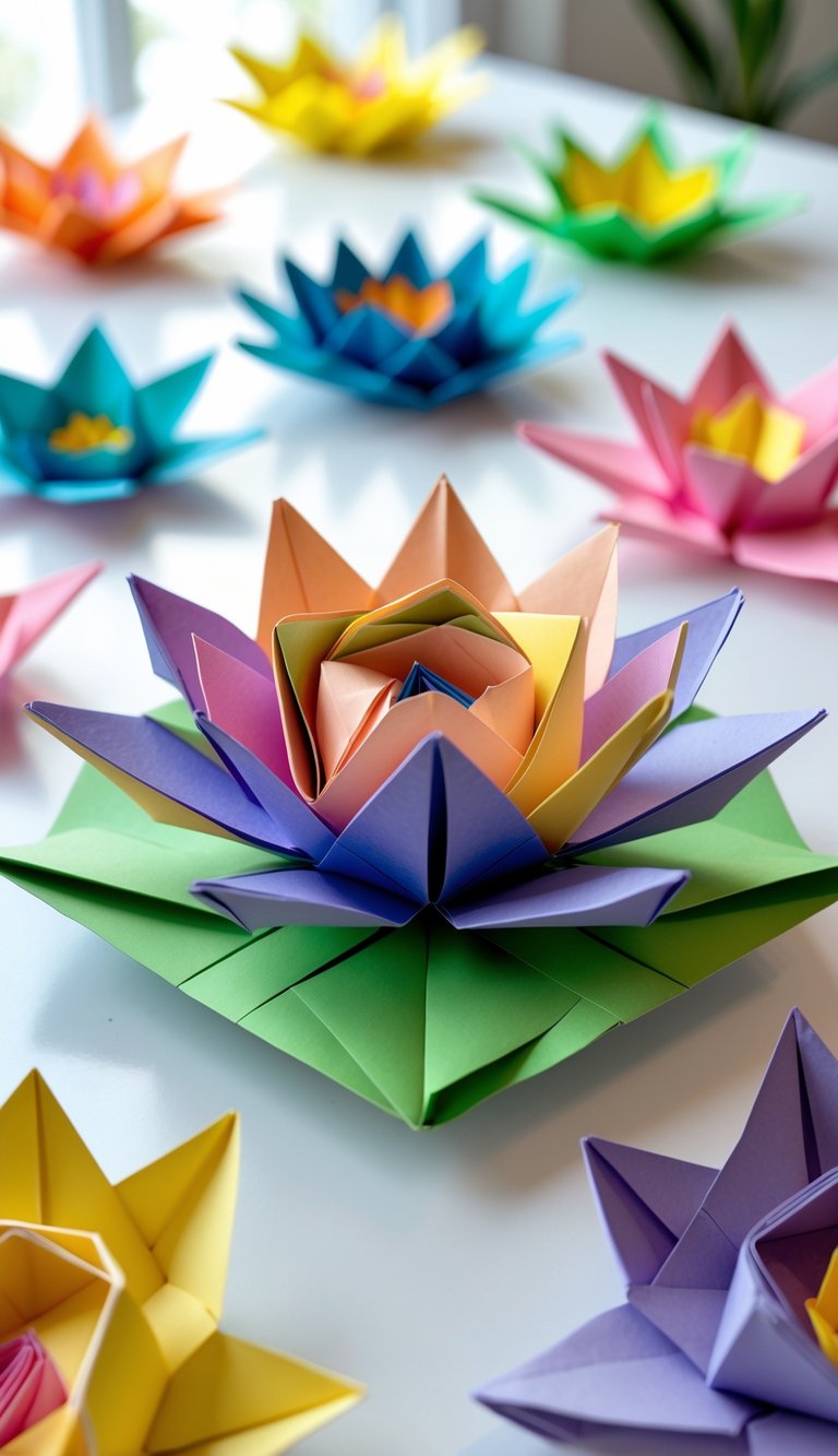A colorful origami lotus flower surrounded by other paper flowers arranged on a white surface.