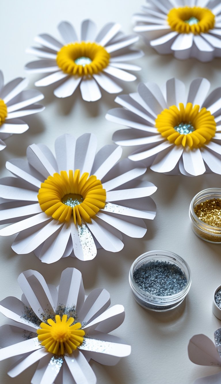 A collection of handmade paper daisies with glue and glitter on a light surface, alongside crafting supplies.