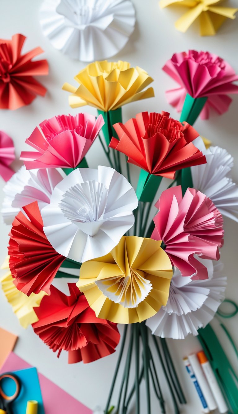 A colorful bouquet of handmade paper carnations with ruffled edges arranged on a white surface with crafting materials nearby.