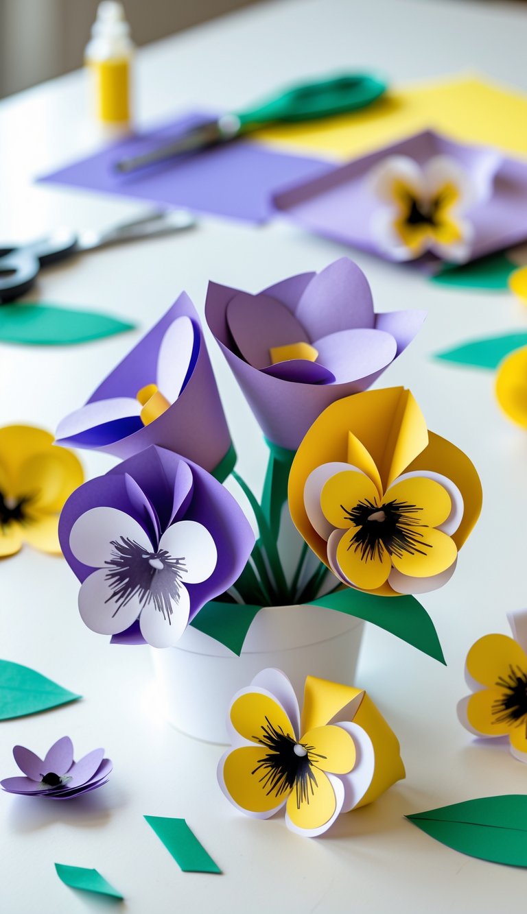 Close-up of colorful cone-shaped paper pansies arranged on a white surface with crafting materials in the background.