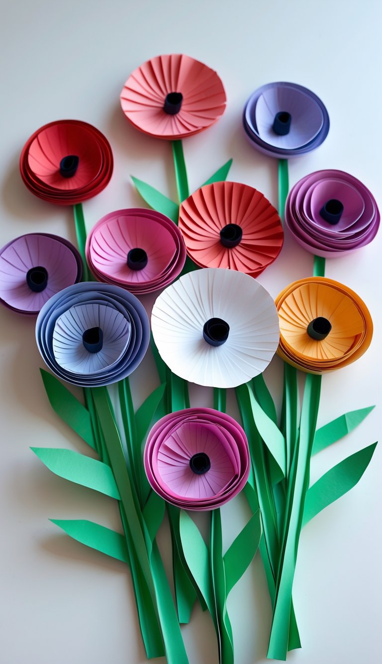 A collection of colorful rolled paper anemone flowers arranged on a white surface with green paper stems and leaves.