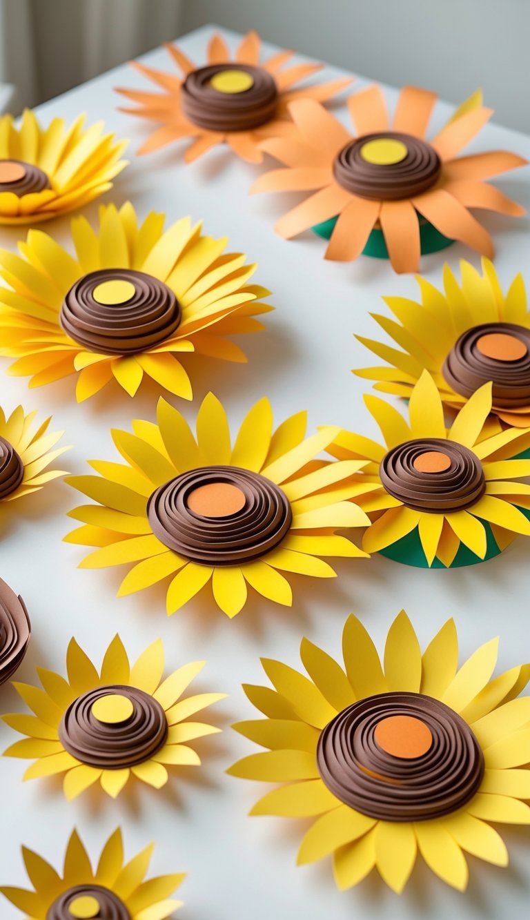 A collection of colorful paper sunflowers with round centers arranged on a white surface.