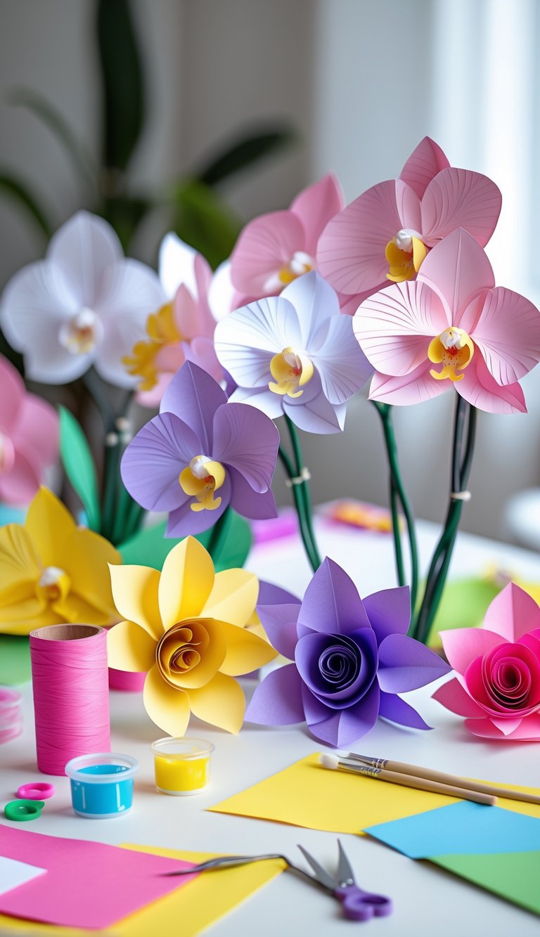 A collection of colorful paper orchids and crafting supplies arranged on a white table.