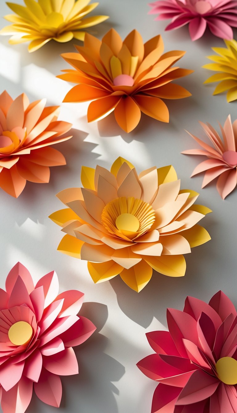 A group of colorful paper zinnia flowers with layered petals arranged on a neutral background.