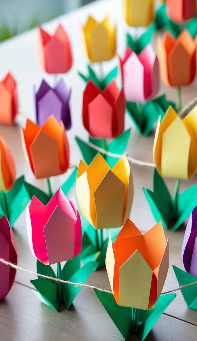 A colorful garland of paper tulip flowers hanging on a string, made from bright construction paper.