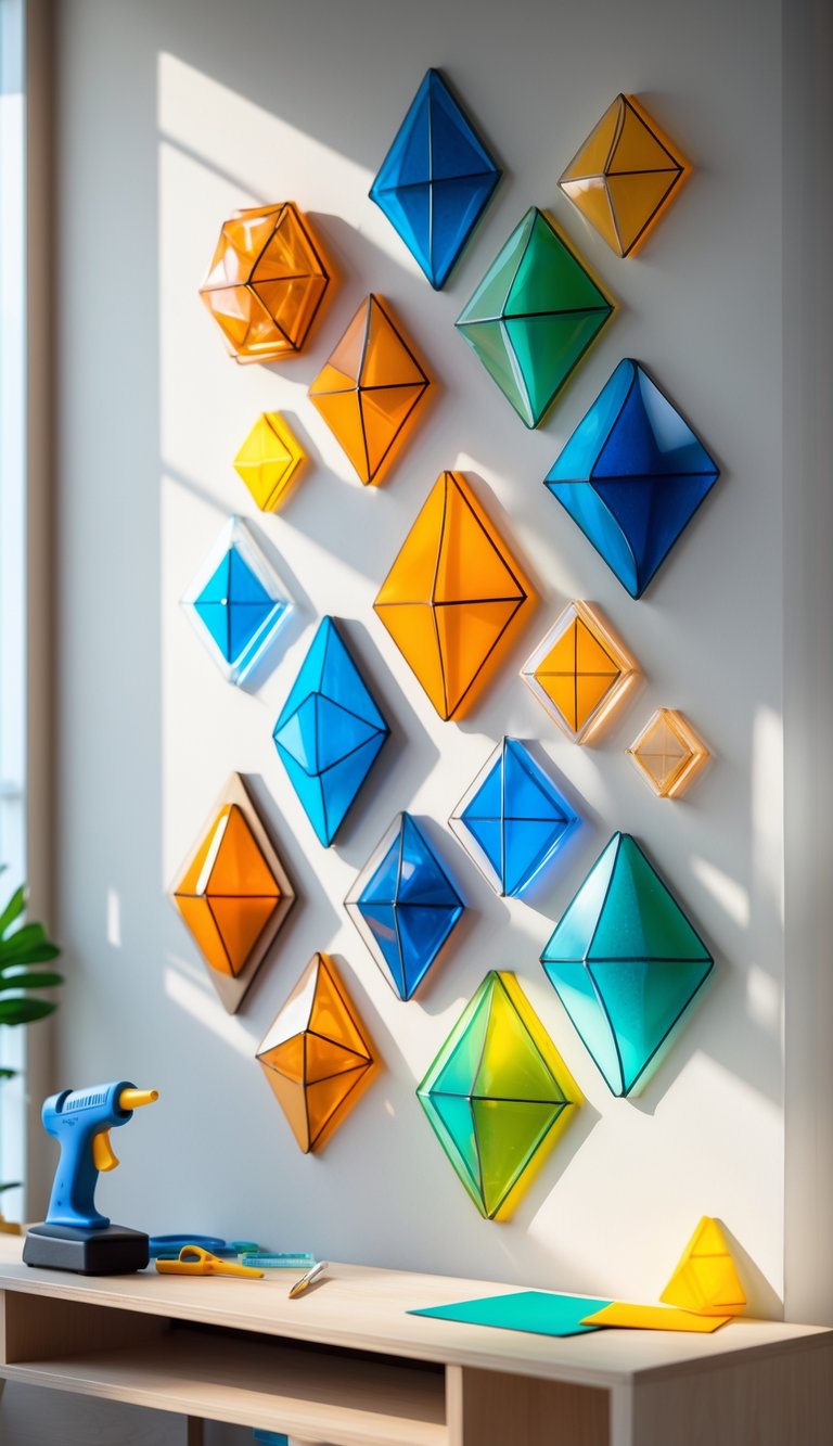 A wall displaying 15 colorful geometric shapes made from hot glue arranged as decorative wall art in a bright room with craft tools on a nearby table.