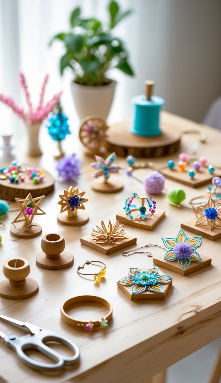 A table with various handmade jewelry holders made from hot glue, surrounded by crafting tools and materials.