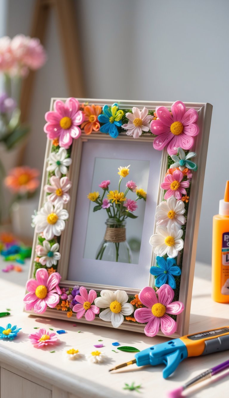 A picture frame decorated with hot glue flowers on a wooden surface surrounded by crafting materials.