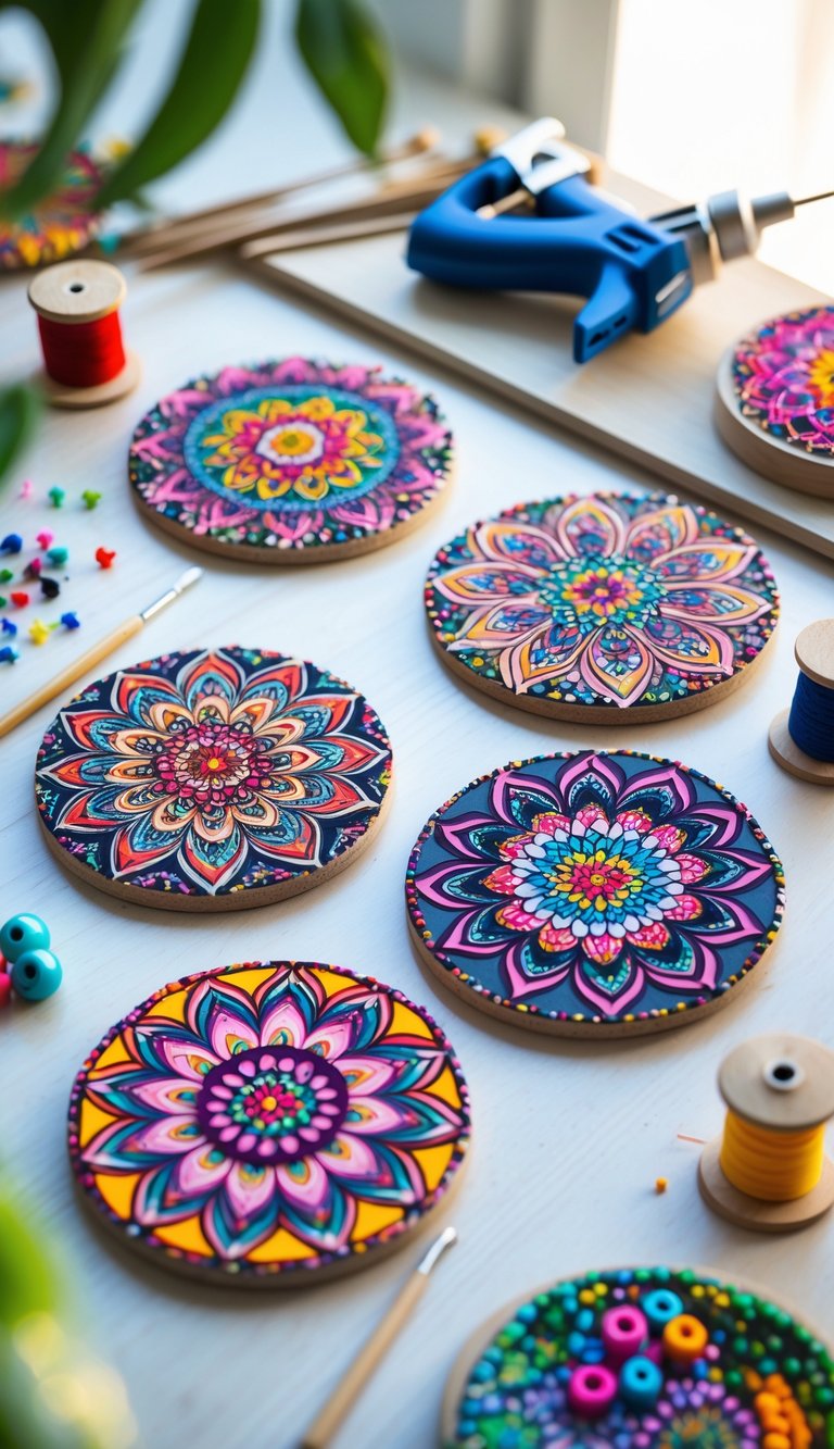 A set of colorful mandala coasters made with hot glue arranged on a wooden surface with crafting tools nearby.