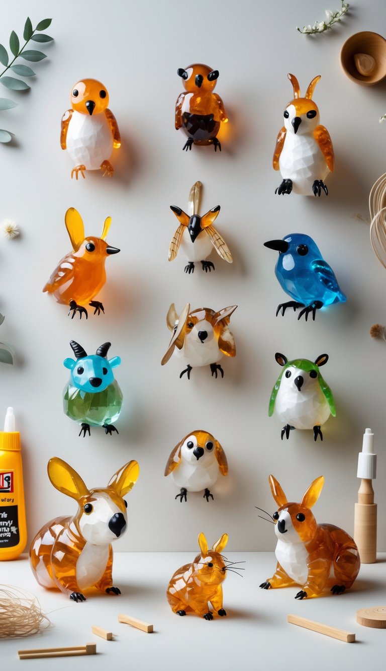 A collection of small 3D animal figures made from hot glue arranged on a plain surface with crafting tools nearby.