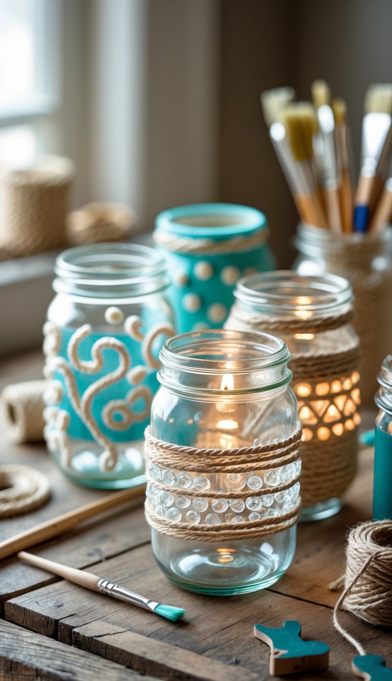 Several mason jars decorated with hot glue designs arranged on a wooden table with craft supplies in the background.