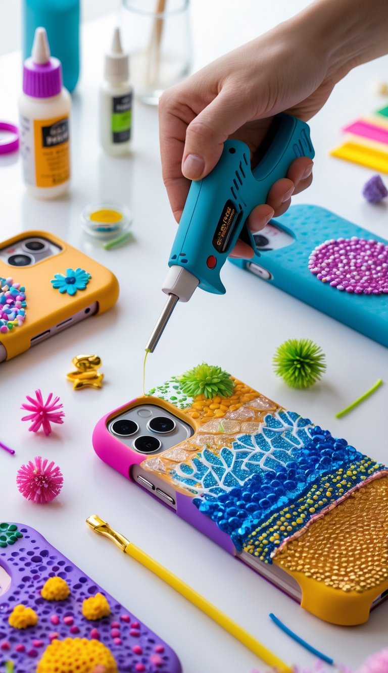 Hands decorating phone cases with hot glue on a clean workspace surrounded by craft supplies.