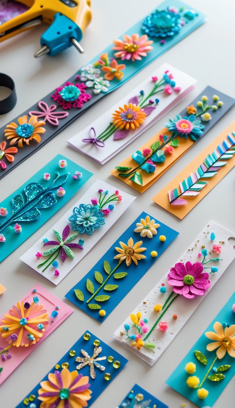A collection of colorful handmade bookmarks decorated with hot glue designs arranged on a table with crafting tools nearby.