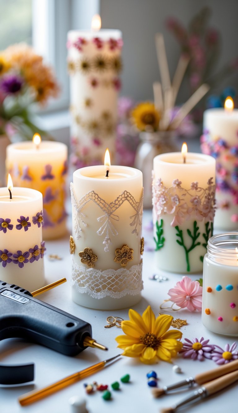 A craft workspace with decorated candles featuring hot glue designs and crafting tools like a hot glue gun and embellishments.