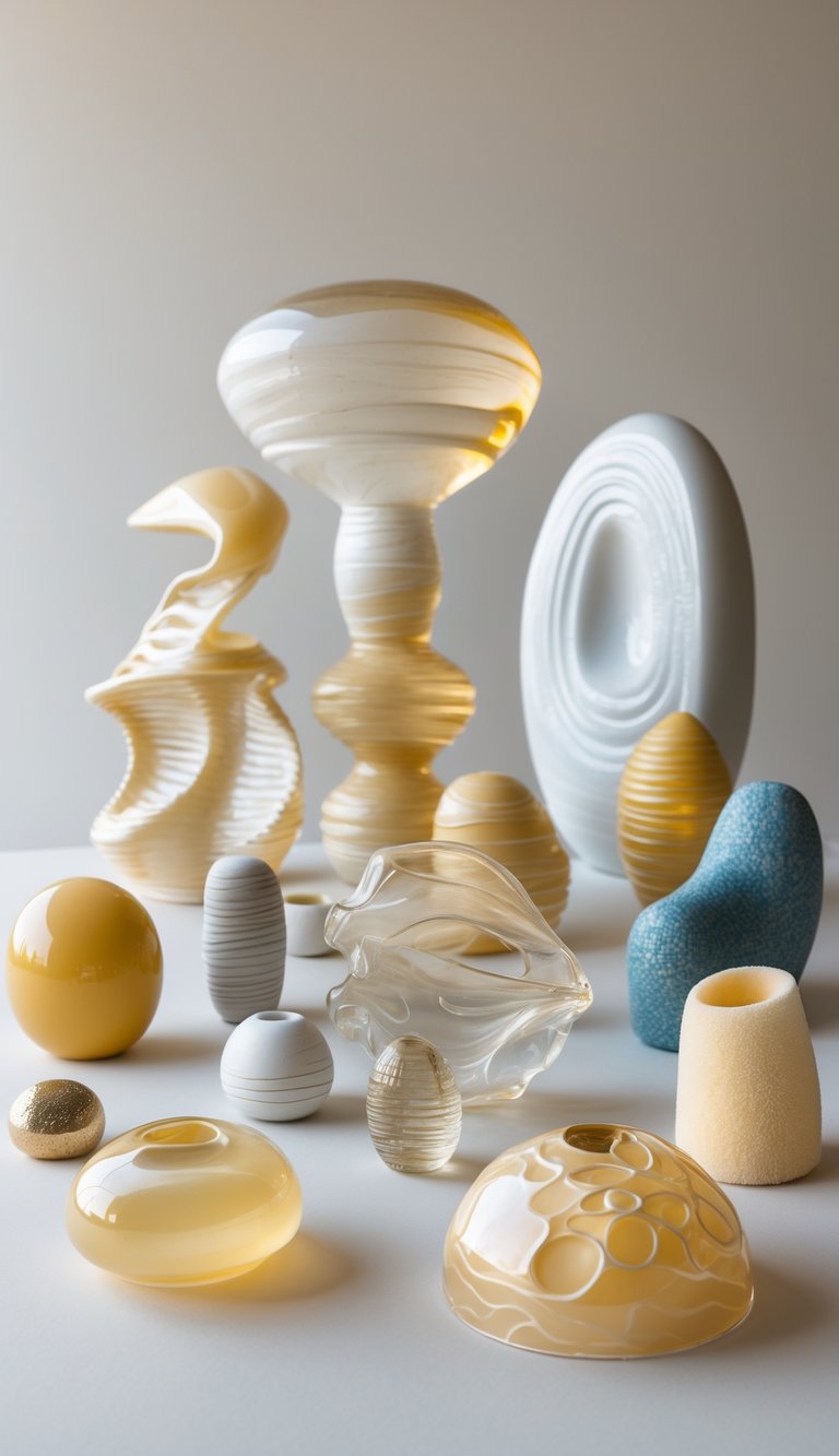 A collection of 15 abstract sculptures made from hot glue displayed on a neutral background.