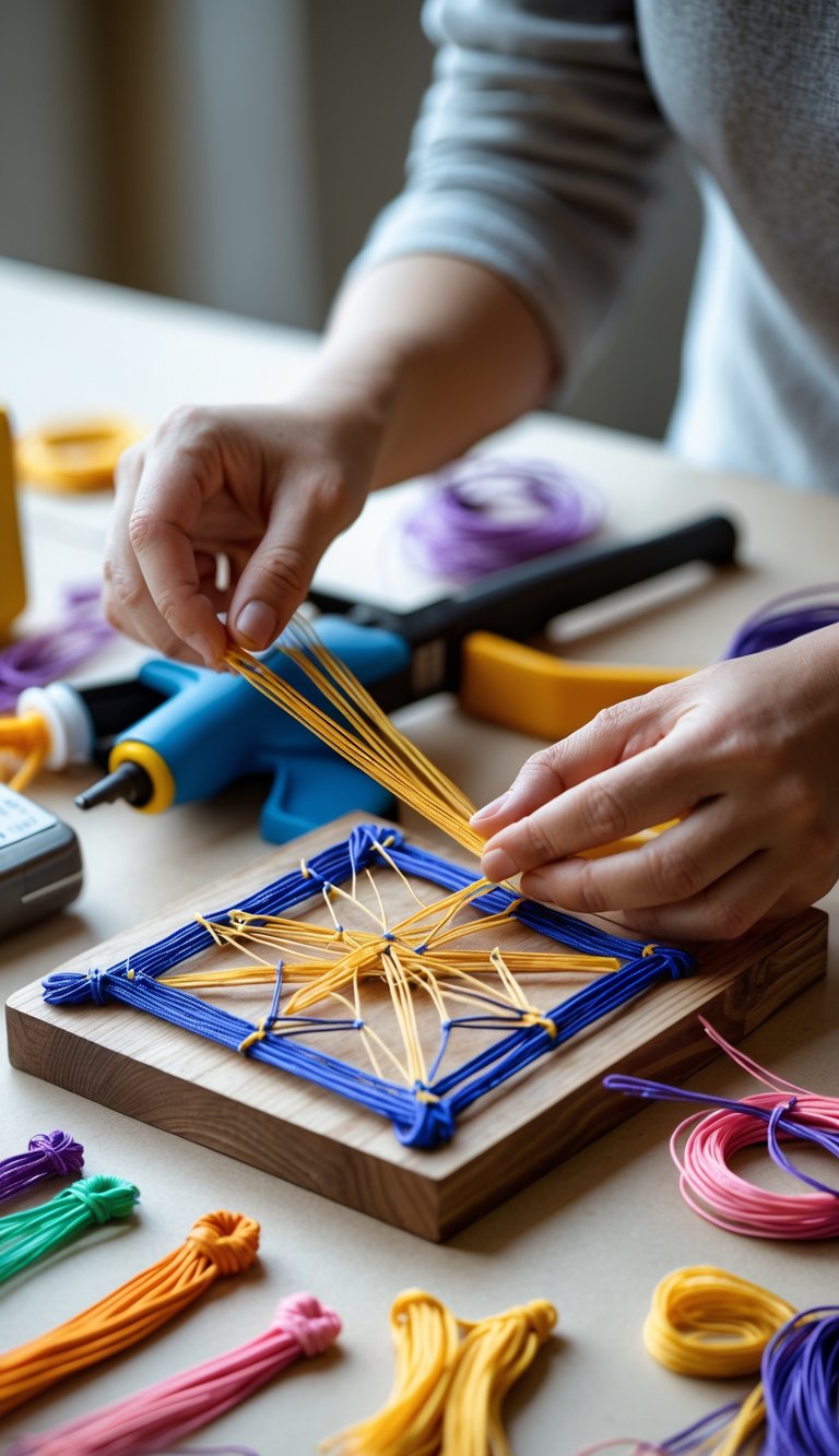 Hands creating intricate string art using hot glue on a wooden board with colorful threads and crafting tools nearby.