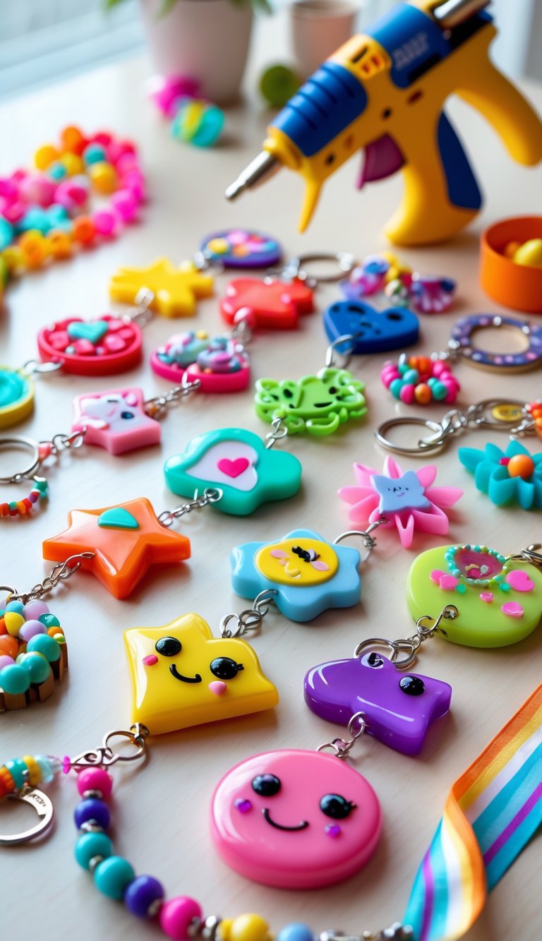 A collection of colorful handmade keychains made with hot glue arranged on a wooden table alongside a hot glue gun and crafting supplies.