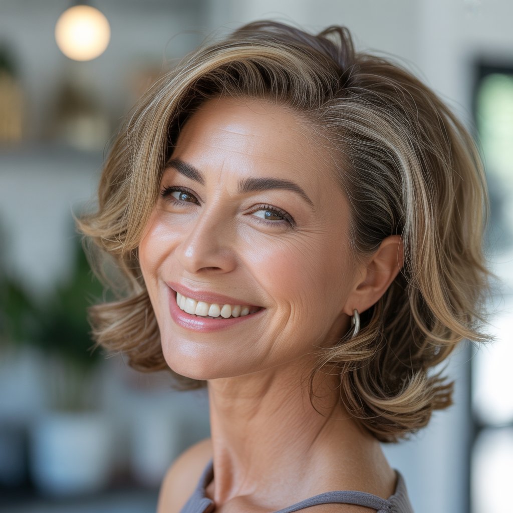 Headshot of a smiling woman with styled hair, looking confident and happy.