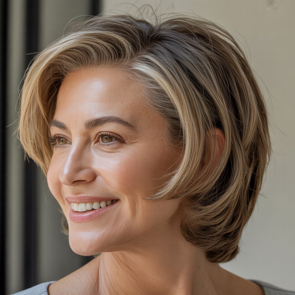 Headshot of a smiling woman with short hair, looking confident against a plain background.