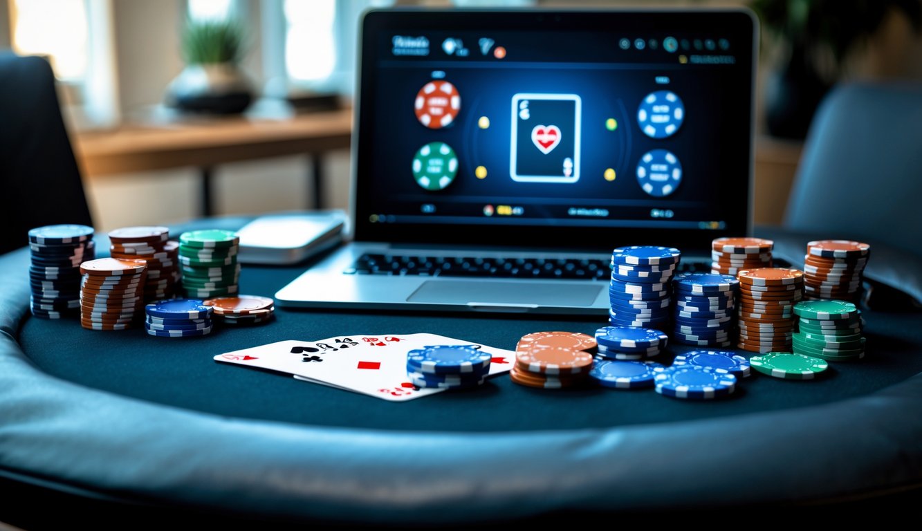 Meja poker dengan chip, kartu, dan laptop yang menampilkan permainan poker online.