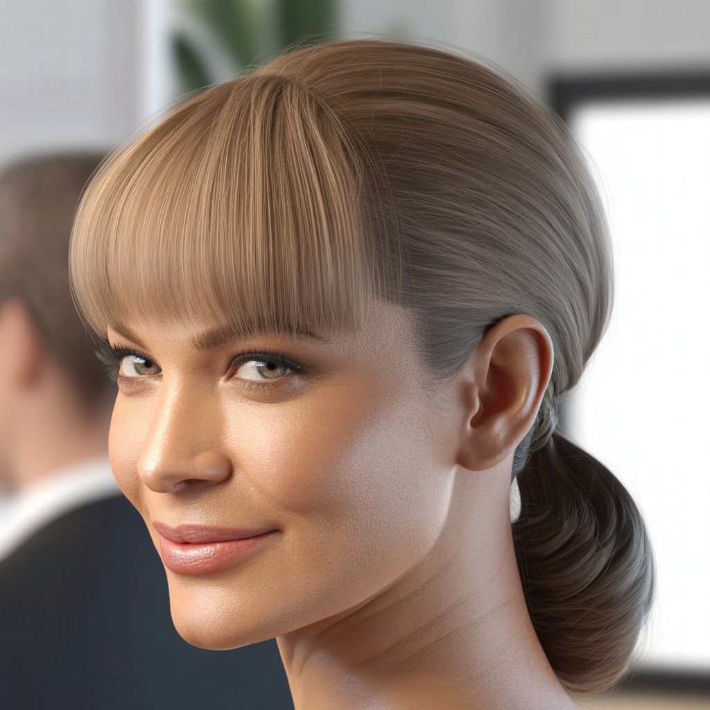 Headshot of a smiling middle-aged woman with a low ponytail and bangs, against a blurred neutral background.