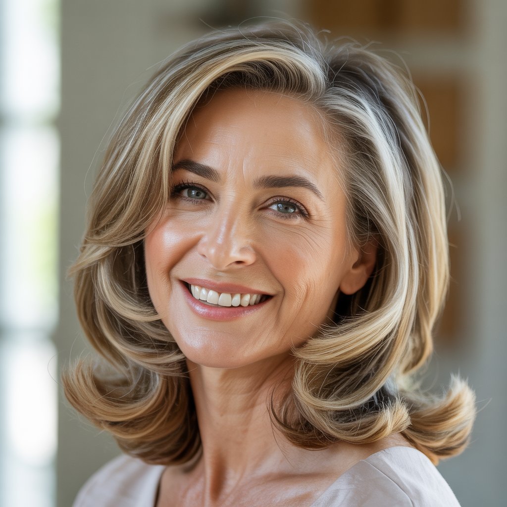 Headshot of a smiling woman with medium-length layered hair against a blurred neutral background.