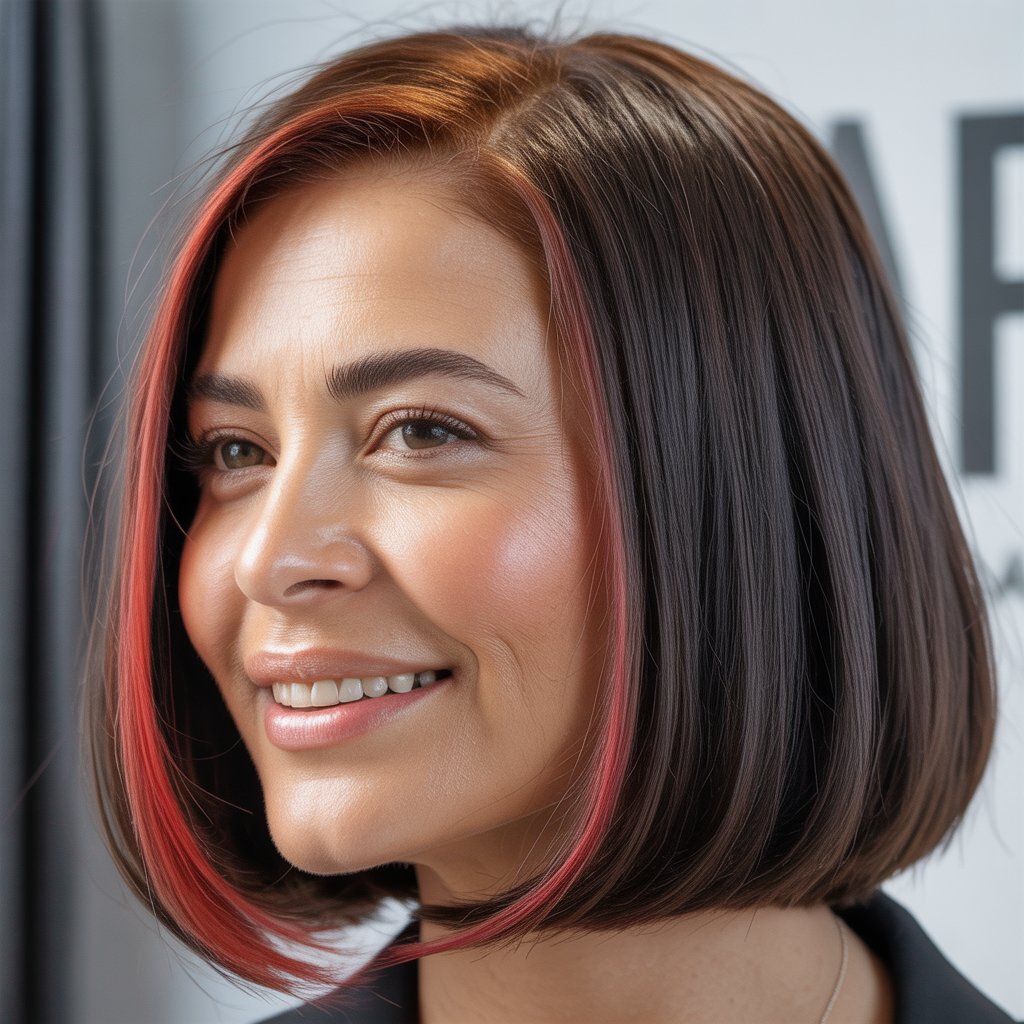 Headshot of a smiling middle-aged woman with a straight bob haircut and a colorful layer underneath her hair.