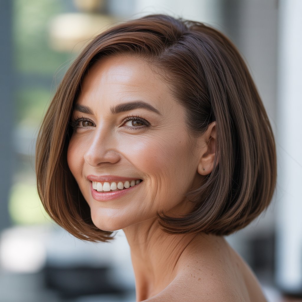 Headshot of a smiling woman with a short bob hairstyle and a deep side part.