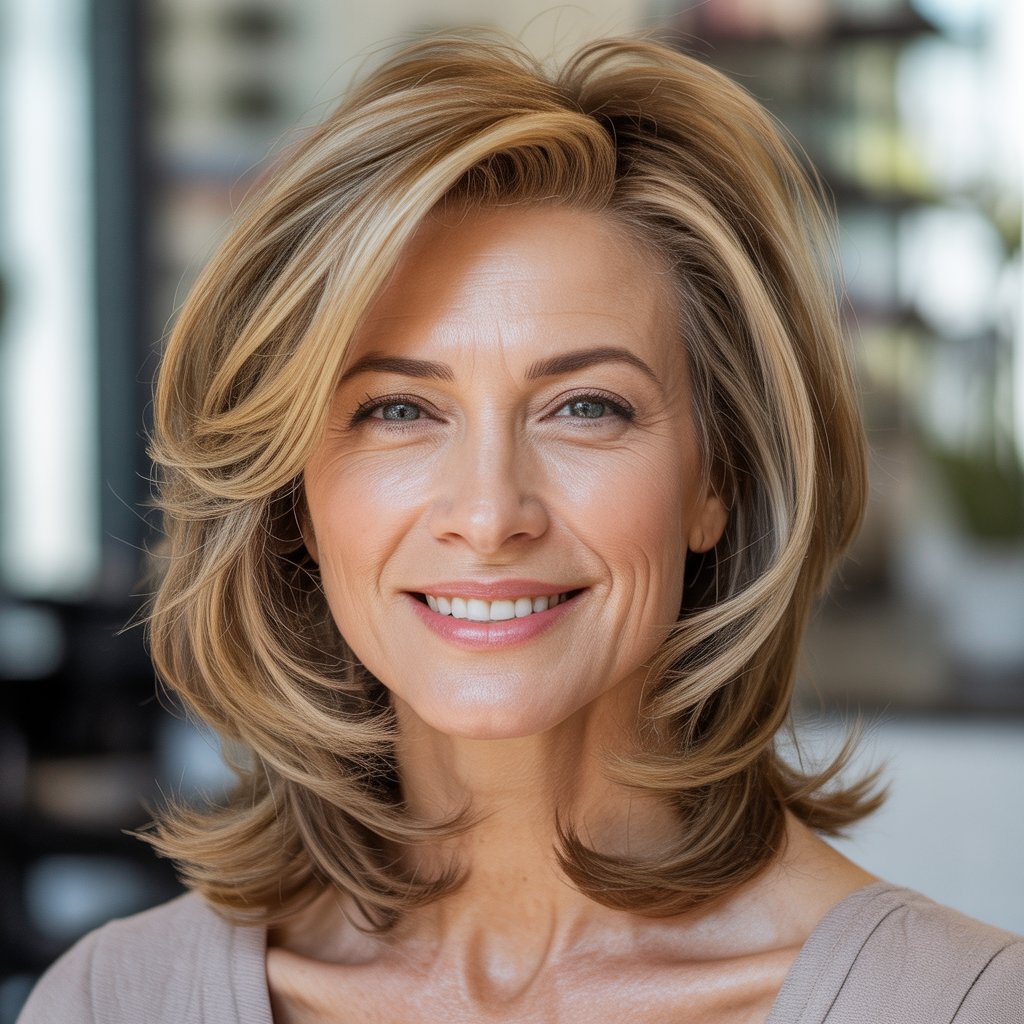 Headshot of a smiling middle-aged woman with layered hair and natural volume against a neutral background.