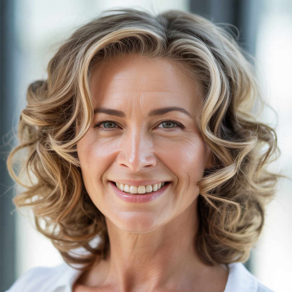 Headshot of a smiling woman with curly hair and face-framing layers looking at the camera.