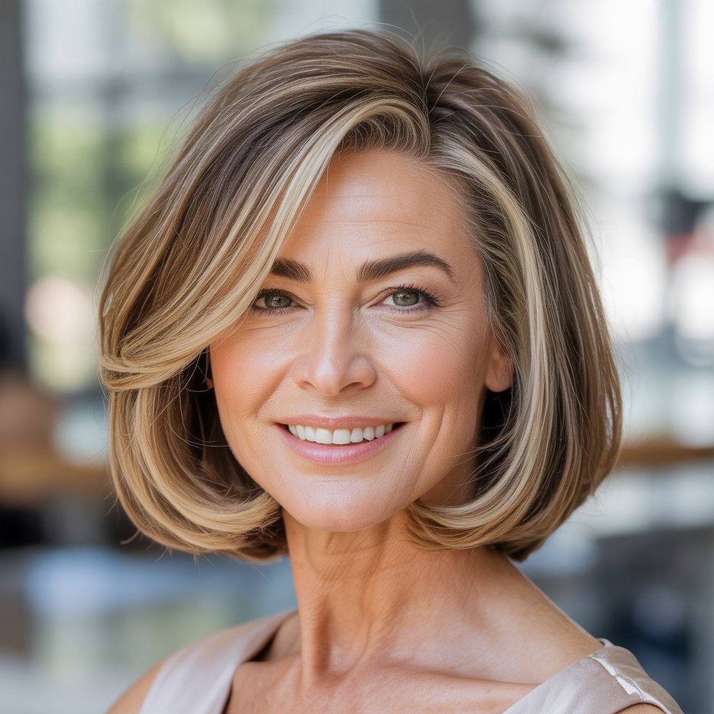 Headshot of a smiling middle-aged woman with short hair and highlights against a blurred background.