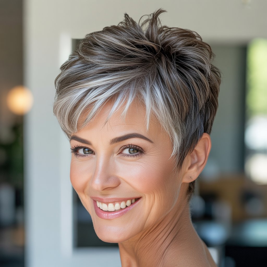Headshot of a smiling middle-aged woman with short spiky hair against a neutral background.