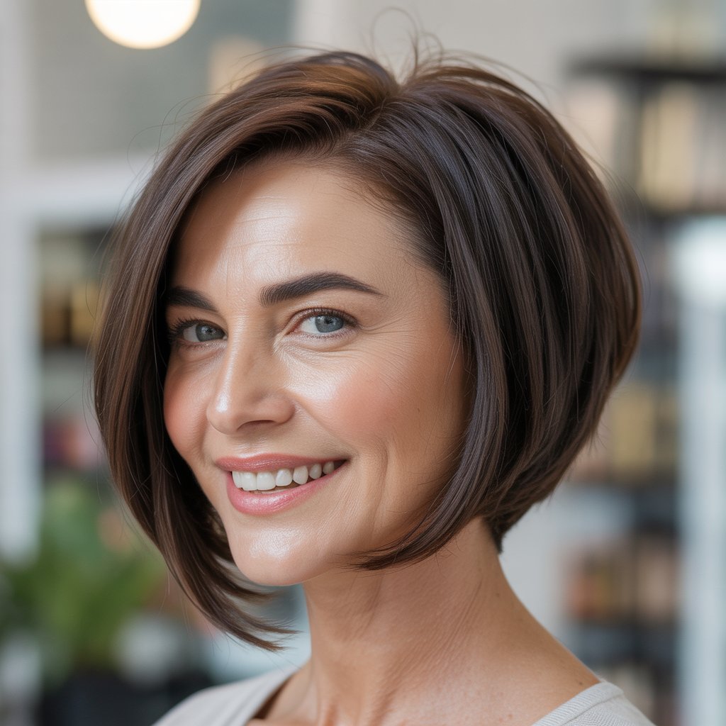 Headshot of a smiling middle-aged woman with short hair against a blurred neutral background.