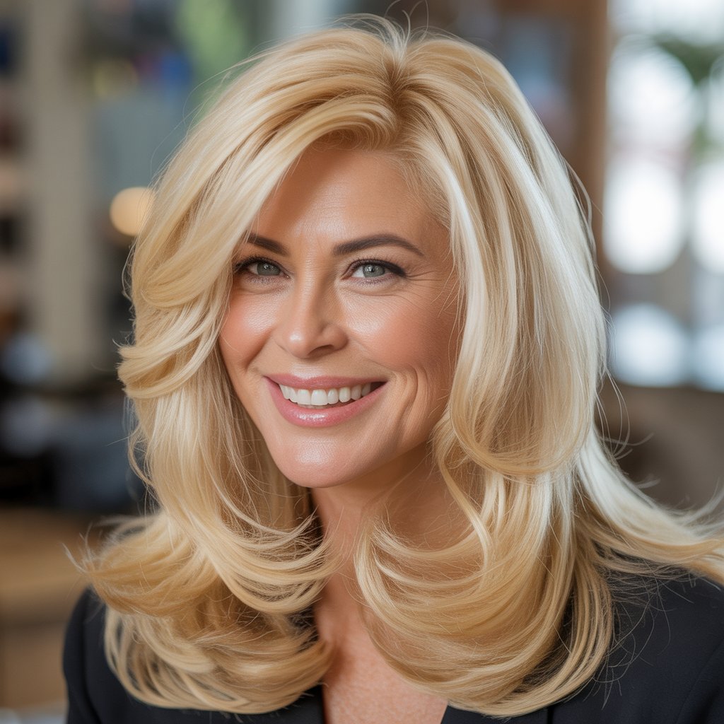 Headshot of a smiling woman with long blonde layered hair against a blurred background.