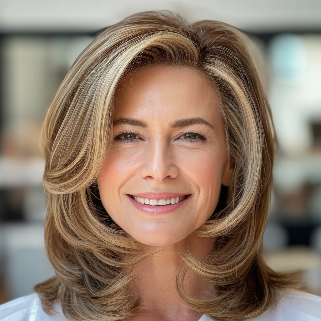 Headshot of a smiling middle-aged woman with shoulder-length layered hair against a neutral background.