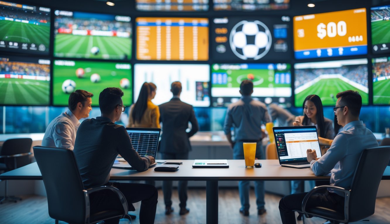 Beberapa orang sedang memperhatikan layar besar yang menampilkan berbagai pertandingan olahraga dan menggunakan perangkat elektronik untuk memasang taruhan.