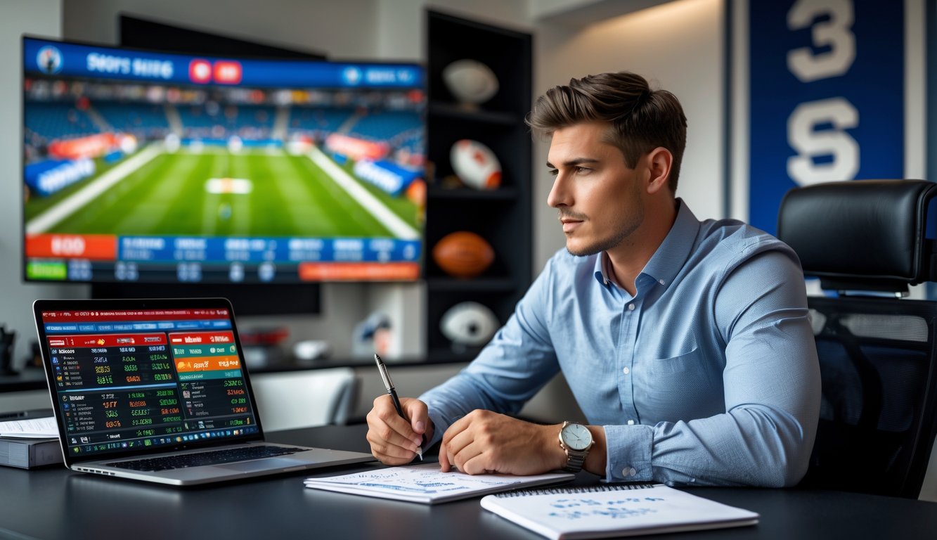 Seorang pria muda duduk di meja dengan laptop, ponsel, dan catatan, fokus menganalisis data taruhan olahraga.