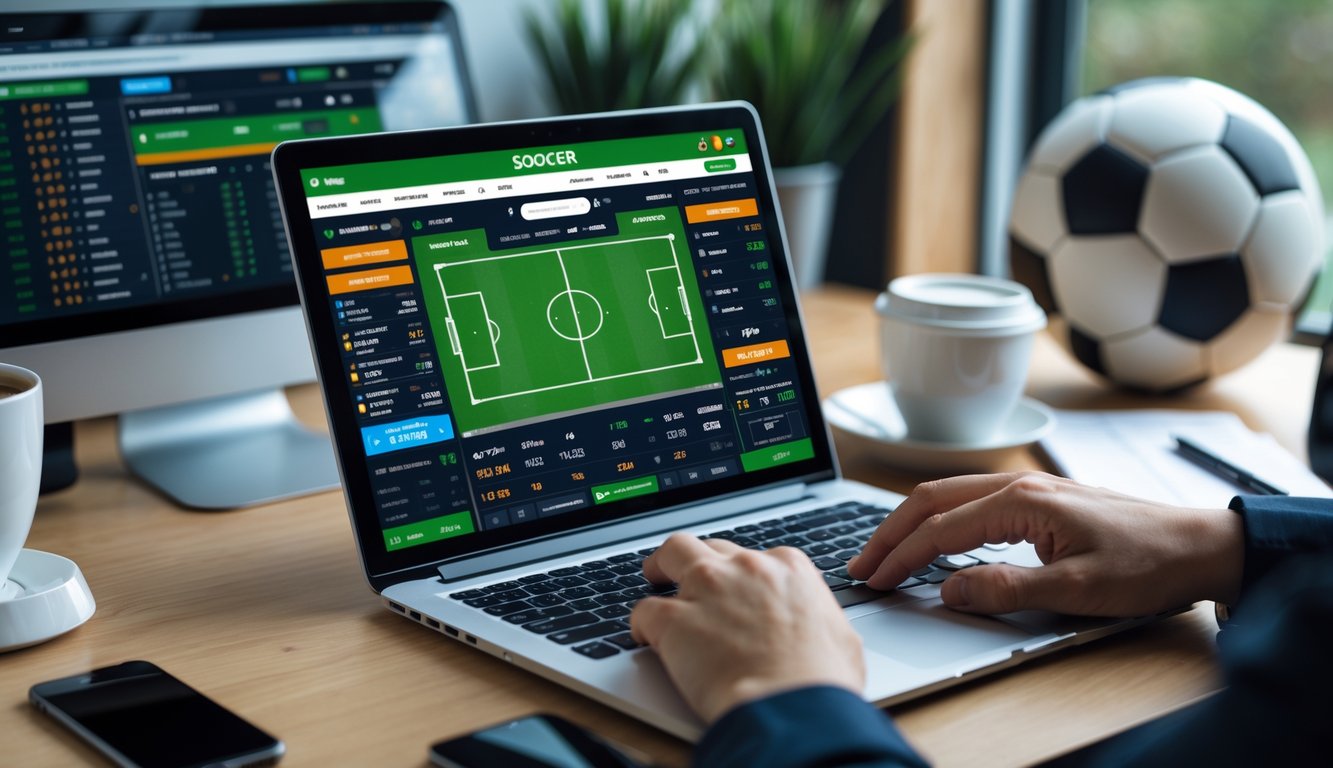 Seseorang menggunakan laptop di meja kerja dengan tampilan situs taruhan bola online dan beberapa alat pendukung di sekitarnya.