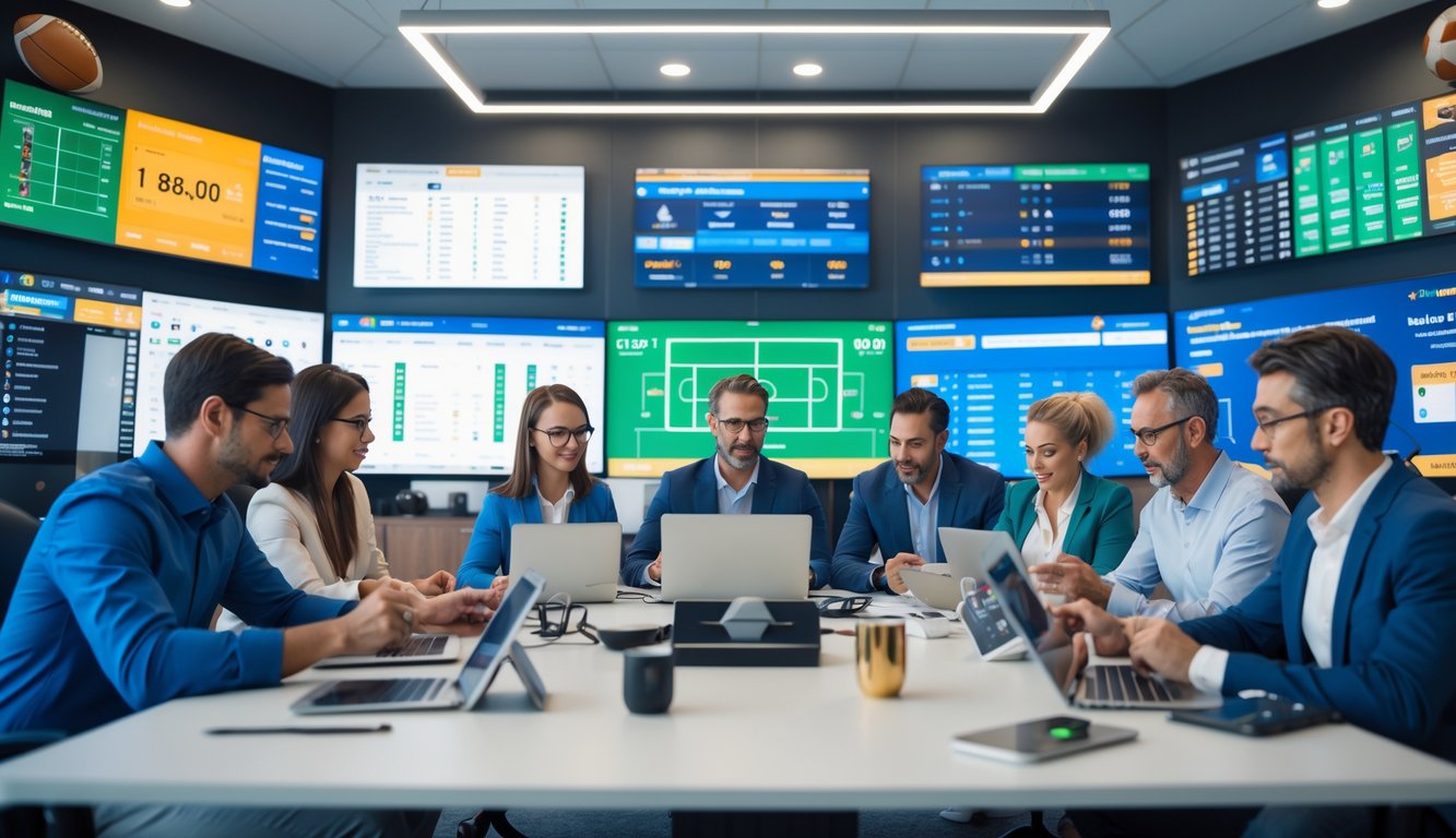 Orang-orang sedang bekerja di kantor agen taruhan olahraga dengan layar besar menampilkan pertandingan olahraga dan peluang taruhan.