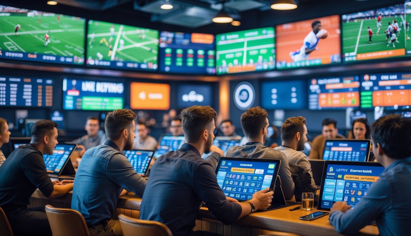 Orang-orang menonton pertandingan olahraga langsung dan memasang taruhan di ruang taruhan yang modern.
