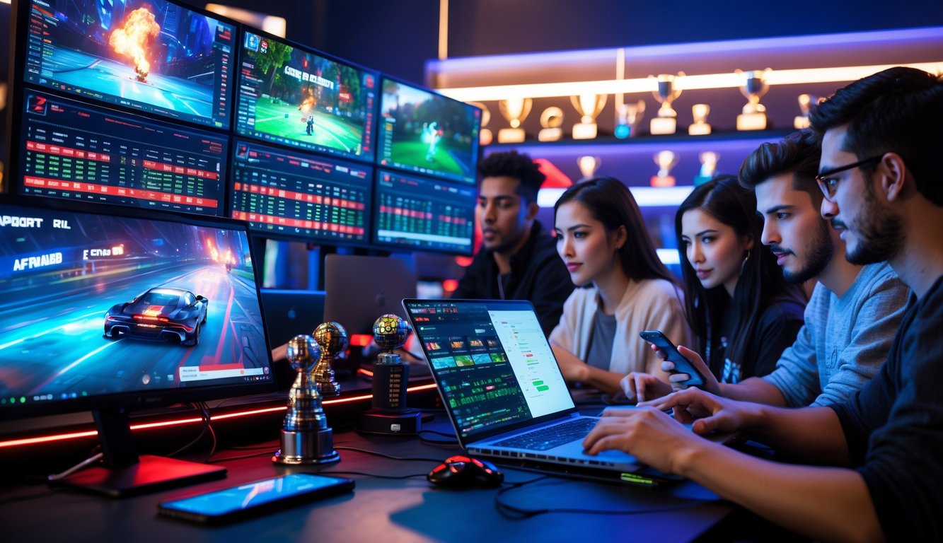 Sekelompok orang muda sedang bertaruh pada pertandingan e-sport menggunakan laptop dan ponsel di ruangan dengan peralatan gaming dan pencahayaan modern.