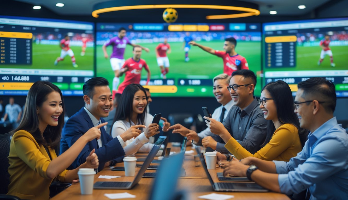Beberapa orang sedang memasang taruhan bola di sebuah ruang taruhan dengan layar besar yang menampilkan pertandingan sepak bola.