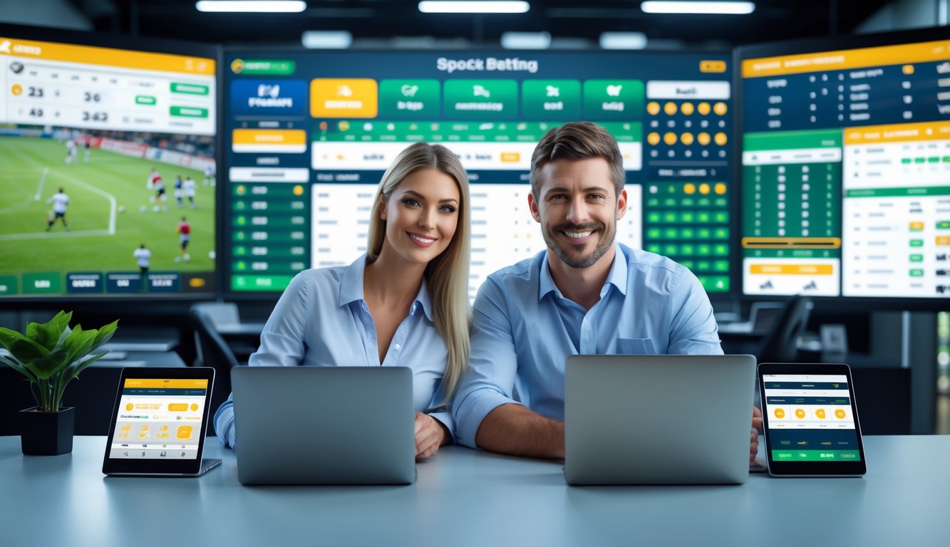 Dua orang sedang menggunakan perangkat digital di kantor modern dengan layar besar yang menampilkan berbagai acara olahraga.